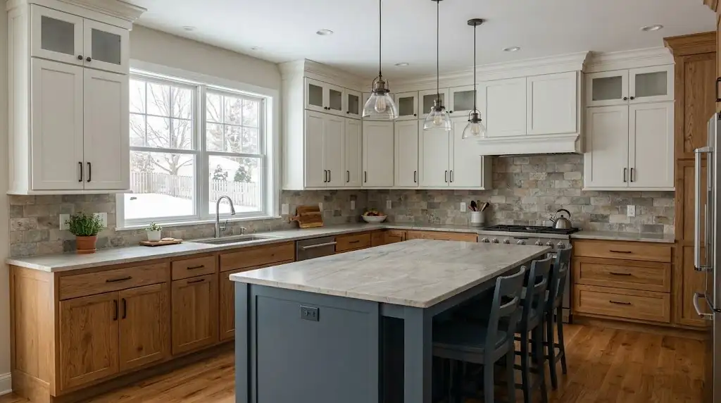Illustration of a kitchen with custom oak and painted cabinets, for Oak Ridge Custom Cabinets in Green Bay