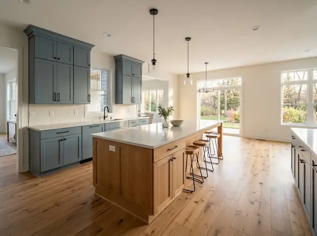 Illustration of an open-plan kitchen with blue-grey shaker cabinets in a new home