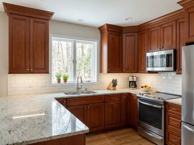 Illustration of a remodeled kitchen with cherry-stained cabinets in an older home